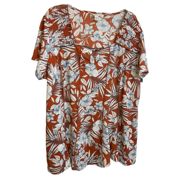 Botanical floral stretch fit & flare top SZ 22/24W short sleeve - Picture 1 of 12
